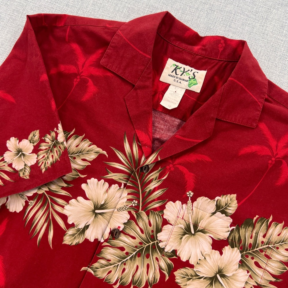 VTG‎ KY'S Hawaiian Shirt Men Small Red Floral Palm Made in USA Tropical Resort